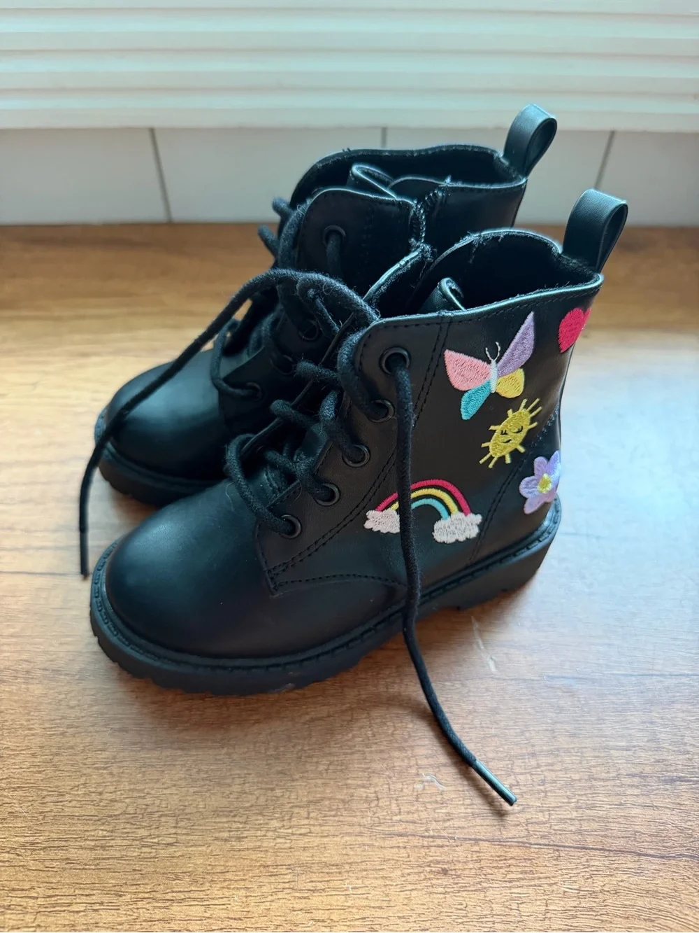 wonder nation Black Lace-Up Kids Boots with Colorful Embroidered Patches